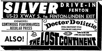 1969 ad Silver Drive-In Theatre, Fenton